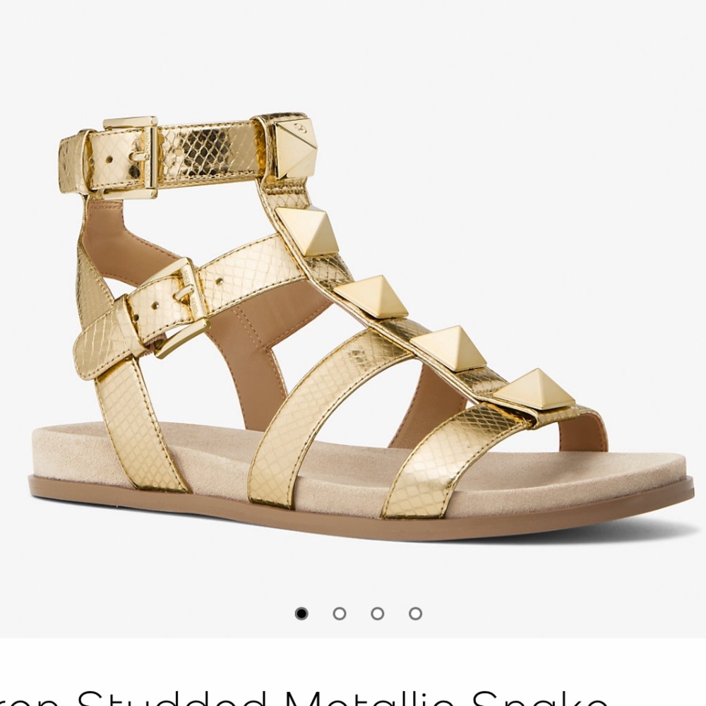 Wren Gold Studded Metallic Snake
Embossed Leather Sandal,  Micheal Kors size 8